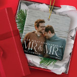 First Christmas As Mr & Mr Modern Couple Photo Ceramic Ornament<br><div class="desc">Minimal and modern couple's photo first Christmas as Mr. & Mr. photo ornament. Simple and modern design with a full photo design. Customize with your special photo, year, and name. "Mr & Mr" photo overlay in an elegant typography. Perfect keepsake ornament with couples celebrating their marriage and first Christmas as...</div>