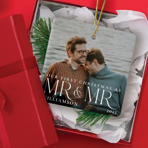 First Christmas As Mr  Mr Modern Couple Photo Ceramic Ornament