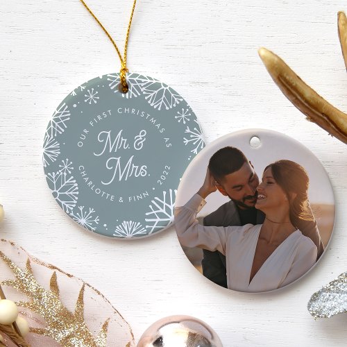 First Christmas As Mr  Mrs  Back Photo Ceramic Ornament