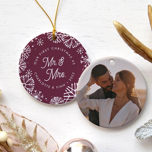 First Christmas As Mr  Mrs  Back Photo Ceramic Ornament