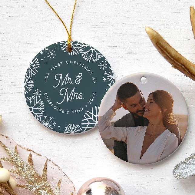 First Christmas As Mr. & Mrs. | Back Photo Ceramic Ornament (Creator Uploaded)