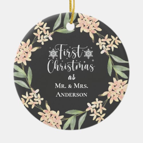 First Christmas as Mr  Mrs Blush Pink Flowers Ceramic Ornament