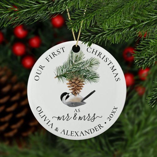 First Christmas As Mr  Mrs Chickadee on Pinecone Ceramic Ornament