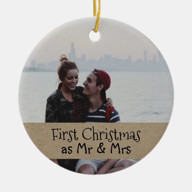 First Christmas As Mr & Mrs Couple Photo Ceramic Ornament (Front)