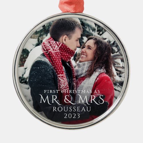 First Christmas As Mr Mrs Couple Winter Photo Metal Ornament
