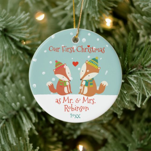 First Christmas as Mr  Mrs _ Cute Woodland Foxes Ceramic Ornament