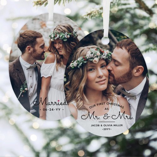 First Christmas as Mr &amp; Mrs • Elegant 2 Photo Oval Metal Ornament