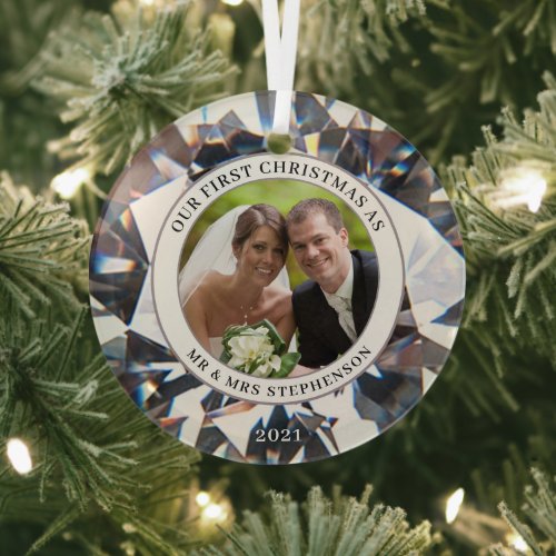 FIRST CHRISTMAS AS MR MRS Elegant Diamond Photo Glass Ornament