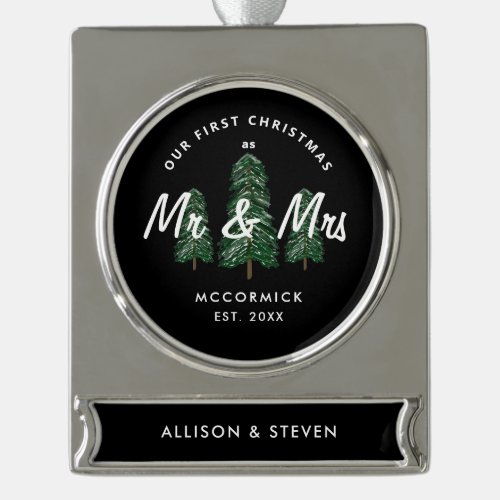 First Christmas As Mr Mrs Elegant Newlyweds Custom Silver Plated Banner Ornament