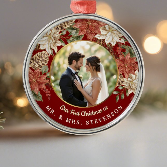 First Christmas as Mr. & Mrs. Floral Photo Metal Ornament (Creator Uploaded)