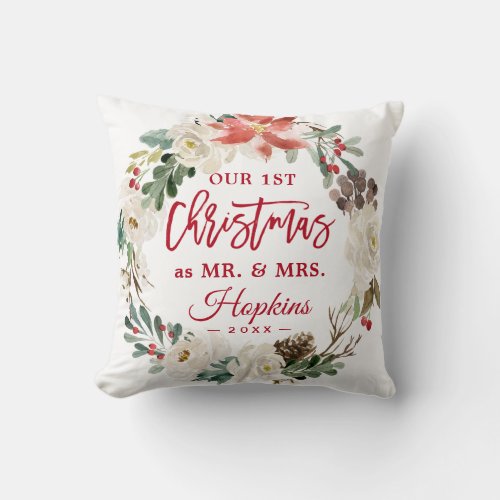 First Christmas as Mr  Mrs Floral Wreath Photo Throw Pillow