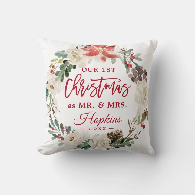 First Christmas as Mr & Mrs Floral Wreath Photo Throw Pillow (Front)