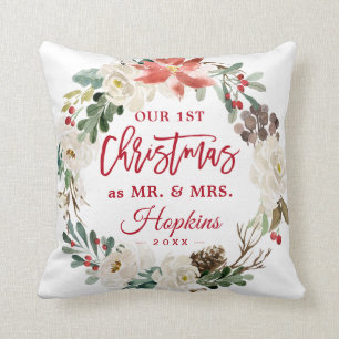 First Christmas as Mr & Mrs Floral Wreath Photo Throw Pillow