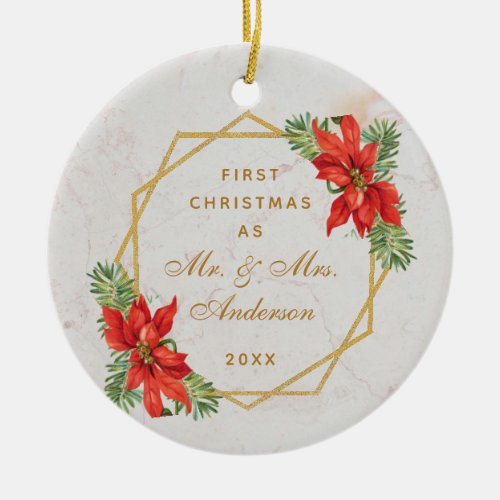 First Christmas as Mr  Mrs Gold Marble Poinsettia Ceramic Ornament