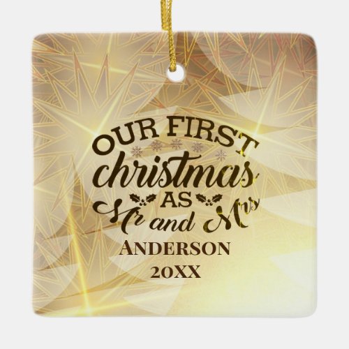 First Christmas as Mr  Mrs Gold Tree Personalized Ceramic Ornament