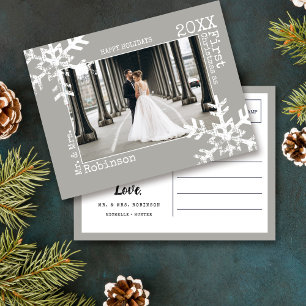 First Christmas as Mr & Mrs Light Gray Snowflake Holiday Postcard