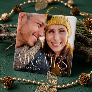 First Christmas As Mr & Mrs Modern Couple Photo Ceramic Ornament