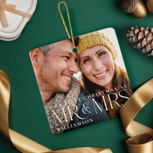 First Christmas As Mr  Mrs Modern Couple Photo Ceramic Ornament