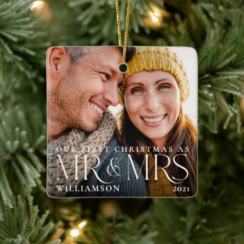 First Christmas As Mr & Mrs Modern Couple Photo Ceramic Ornament