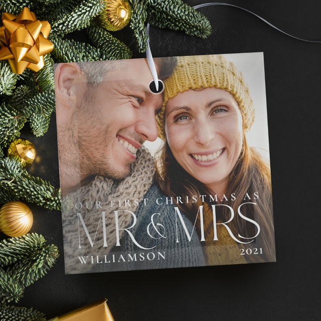 First Christmas As Mr & Mrs Modern Couple Photo Glass Ornament (First Christmas As Mr & Mrs Modern Couple Photo Glass Ornament)