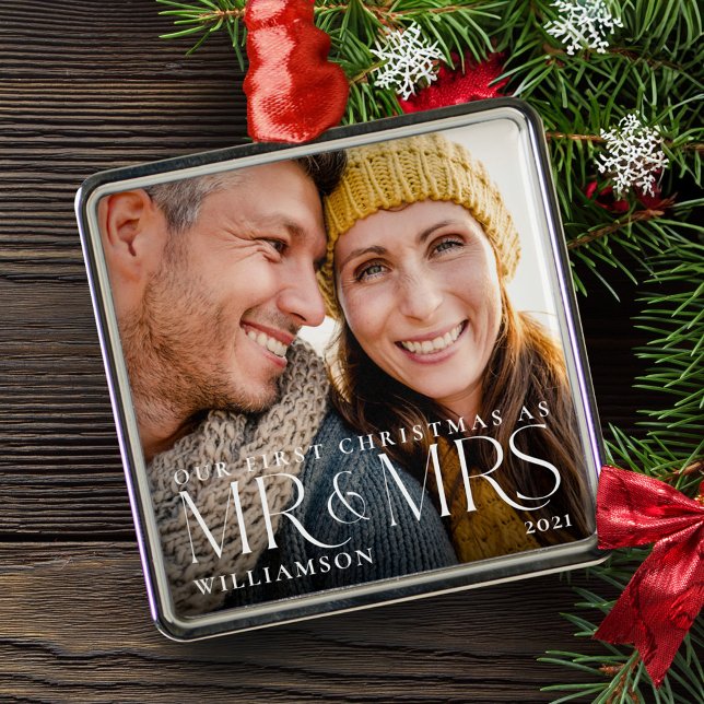 First Christmas As Mr & Mrs Modern Couple Photo Metal Ornament (First Christmas As Mr & Mrs Modern Couple Photo Metal Ornament)