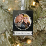 First Christmas As Mr & Mrs Modern Couple Photo Silver Plated Banner Ornament<br><div class="desc">Minimal and modern couple's photo first Christmas as Mr. & Mrs. photo ornament. Simple and modern design with a full photo design. Customize with your special photo, year, and name. "Mr & Mrs" photo overlay in an elegant typography. Perfect keepsake ornament with couples celebrating their marriage and first Christmas as...</div>