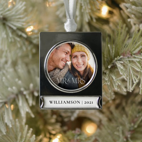 First Christmas As Mr  Mrs Modern Couple Photo Silver Plated Banner Ornament