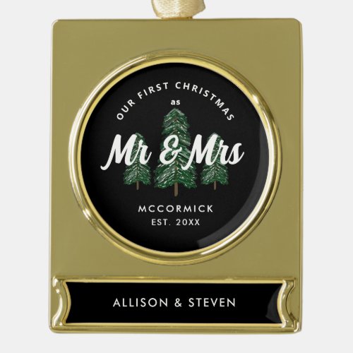 First Christmas As Mr Mrs Newlyweds Personalized Gold Plated Banner Ornament