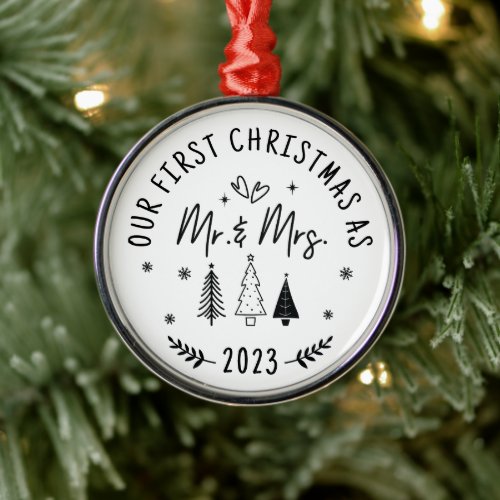 First Christmas As Mr  Mrs Personalized Christmas Metal Ornament