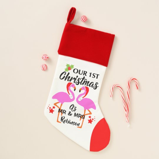 First Christmas As Mr & Mrs Personalized Flamingo Christmas Stocking