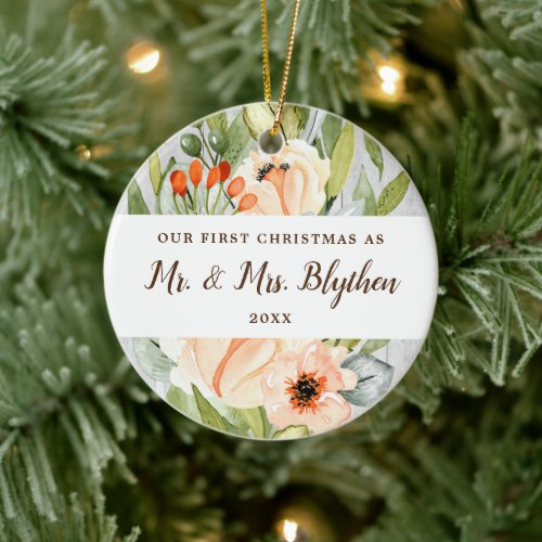 First Christmas As Mr Mrs Personalized Greenery Ceramic Ornament