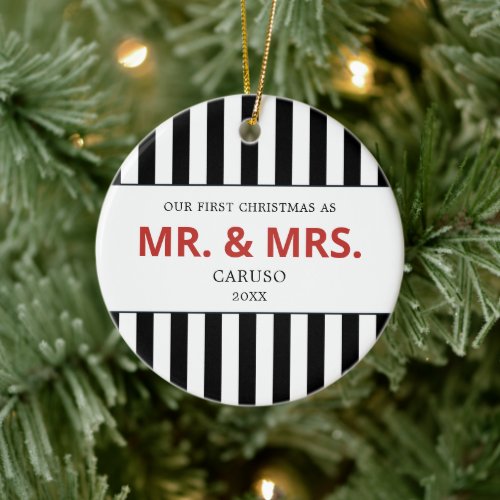 First Christmas As Mr  Mrs Personalized Striped  Ceramic Ornament