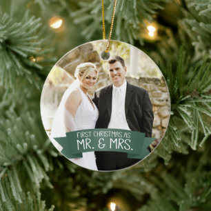 First Christmas as Mr. & Mrs. Photo Dark Green Ceramic Ornament