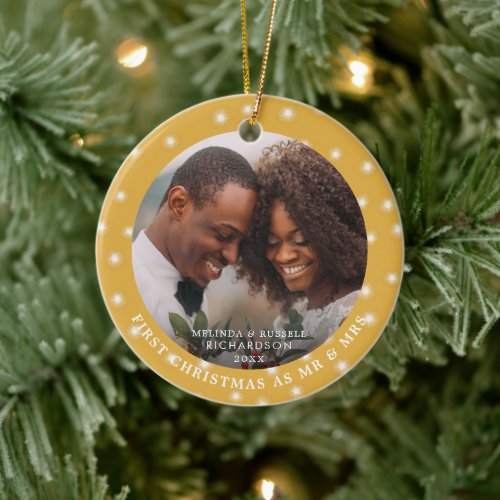 FIRST CHRISTMAS AS MR MRS Photo Fairy Lights Gold Ceramic Ornament