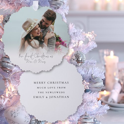 First Christmas as Mr Mrs Photo Overlay Script Ornament Card