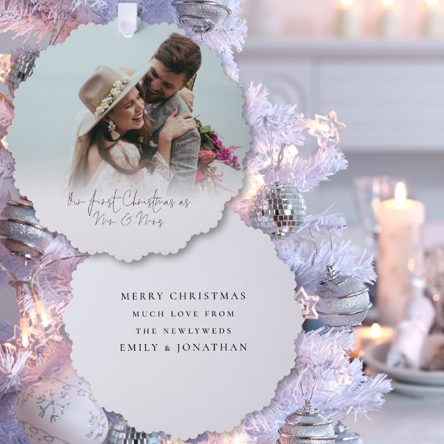 First Christmas as Mr Mrs Photo Overlay Script Ornament Card (Front and back view)