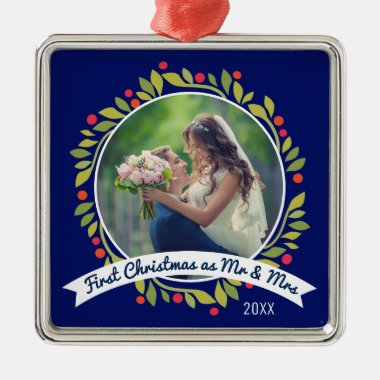First Christmas as Mr & Mrs Photo | Wreath on Blue Metal Ornament