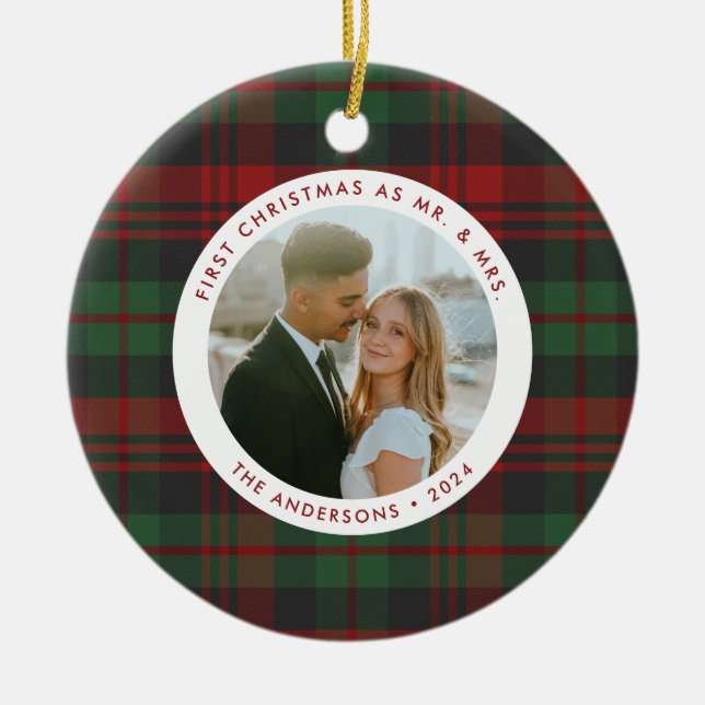 First Christmas as Mr. & Mrs. Plaid Photo Holiday Ceramic Ornament (Front)