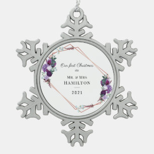 First Christmas as Mr Mrs Purple Floral Snowflake Pewter Christmas Ornament