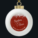 First Christmas as Mr & Mrs Red Ceramic Ornament<br><div class="desc">Personalized Christmas ornament with "Our first xmas as Mr and Mrs" lettering on the front. Dark red background looks very festive with white snowflakes frame! All text is editable. If you need to make futher changes to the design,  click on "Customize futher"</div>