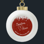 First Christmas as Mr & Mrs Red Ceramic Ornament<br><div class="desc">Personalized Christmas ornament with "Our first xmas as Mr and Mrs" lettering on the front. Dark red background looks very festive with white snowflakes frame! All text is editable. If you need to make futher changes to the design,  click on "Customize futher"</div>