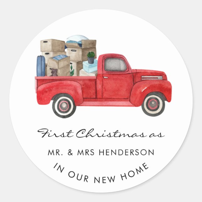 First Christmas As Mr Mrs Red Truck Holiday Home Classic Round Sticker (Front)