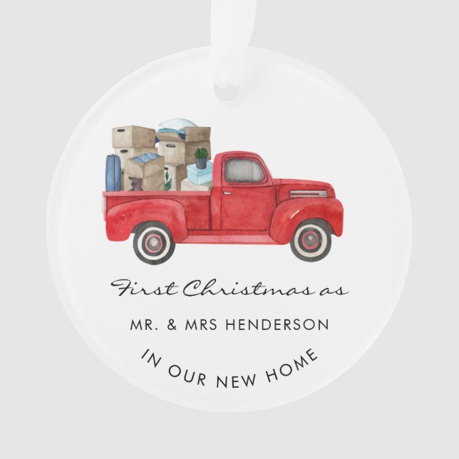 First Christmas As Mr Mrs Red Truck Holiday Home Ornament (Front)