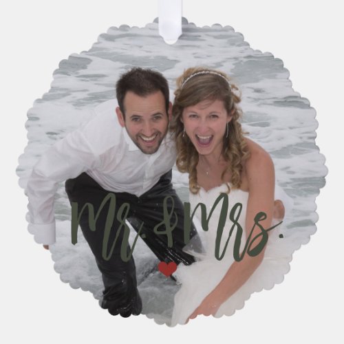 First Christmas as Mr Mrs script photo name green Ornament Card