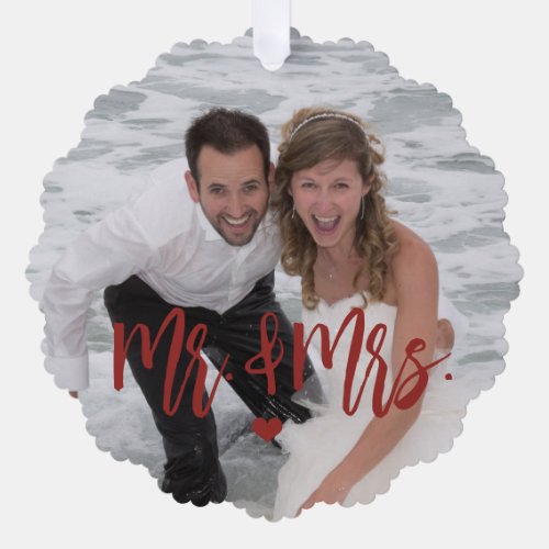 First Christmas as Mr  Mrs script photo name red Ornament Card