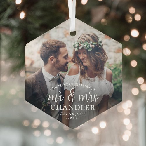 First Christmas as Mr  Mrs  Simple Photo Hexagon Glass Ornament