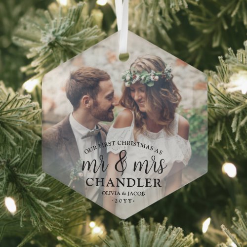 First Christmas as Mr  Mrs  Simple Photo Overlay Glass Ornament