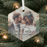 First Christmas as Mr & Mrs • Simple Photo Overlay Glass Ornament<br><div class="desc">Celebrate a joyful 1st holiday as a married couple with an elegant custom photo "Our First Christmas as Mr. & Mrs." hexagon-shaped glass ornament. The picture and all wording on this template are simple to personalize. (IMAGE PLACEMENT TIP: An easy way to position a photo exactly how you want is...</div>
