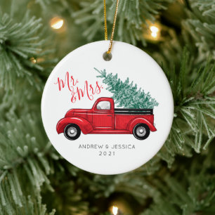 First Christmas as Mr. & Mrs.   Vintage Red Truck Ceramic Ornament