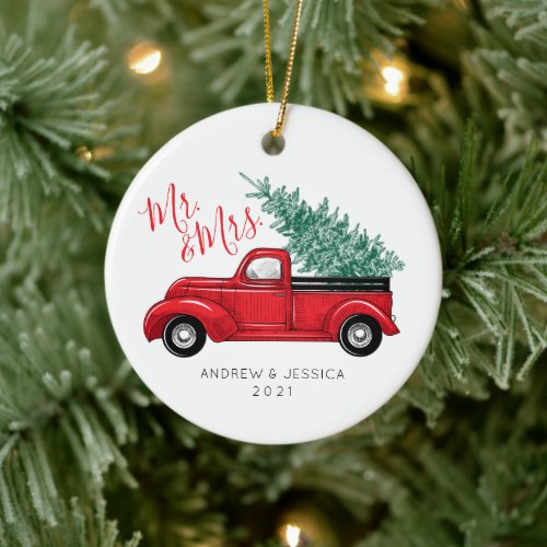 First Christmas as Mr  Mrs  Vintage Red Truck  Ceramic Ornament